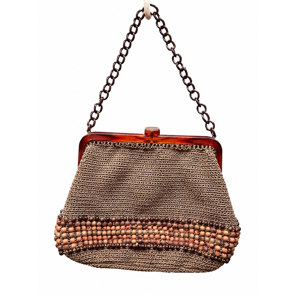 Vintage Lucite Purse Wood Beaded Handbag Boho Retro Brown Acrylic Chain Handle